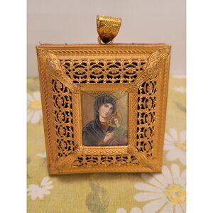 Reuge Music Box Vntg Ornate Gold Framed Madonna & Child Icon Religious Artifact